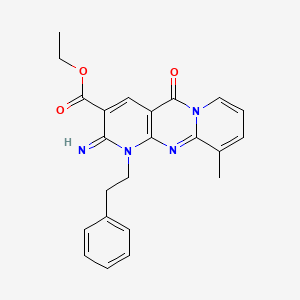 molecular formula C23H22N4O3 B11611646 ethyl 6-imino-11-methyl-2-oxo-7-(2-phenylethyl)-1,7,9-triazatricyclo[8.4.0.03,8]tetradeca-3(8),4,9,11,13-pentaene-5-carboxylate 