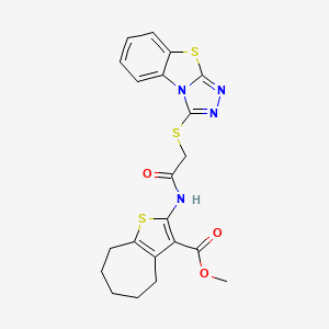 molecular formula C21H20N4O3S3 B11611679 methyl 2-{[([1,2,4]triazolo[3,4-b][1,3]benzothiazol-3-ylsulfanyl)acetyl]amino}-5,6,7,8-tetrahydro-4H-cyclohepta[b]thiophene-3-carboxylate 