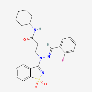 molecular formula C23H25FN4O3S B11612379 N-cyclohexyl-3-[(2E)-1-(1,1-dioxido-1,2-benzisothiazol-3-yl)-2-(2-fluorobenzylidene)hydrazino]propanamide 