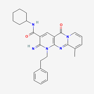 molecular formula C27H29N5O2 B11613058 N-cyclohexyl-6-imino-11-methyl-2-oxo-7-(2-phenylethyl)-1,7,9-triazatricyclo[8.4.0.03,8]tetradeca-3(8),4,9,11,13-pentaene-5-carboxamide 