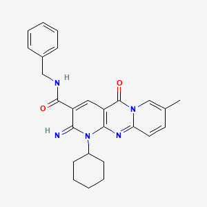 molecular formula C26H27N5O2 B11613450 N-benzyl-7-cyclohexyl-6-imino-13-methyl-2-oxo-1,7,9-triazatricyclo[8.4.0.03,8]tetradeca-3(8),4,9,11,13-pentaene-5-carboxamide 