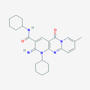 molecular formula C25H31N5O2 B11613662 N,7-dicyclohexyl-6-imino-13-methyl-2-oxo-1,7,9-triazatricyclo[8.4.0.03,8]tetradeca-3(8),4,9,11,13-pentaene-5-carboxamide 