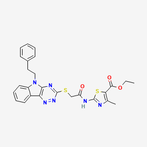 molecular formula C26H24N6O3S2 B11613693 ethyl 4-methyl-2-[({[5-(2-phenylethyl)-5H-[1,2,4]triazino[5,6-b]indol-3-yl]sulfanyl}acetyl)amino]-1,3-thiazole-5-carboxylate 