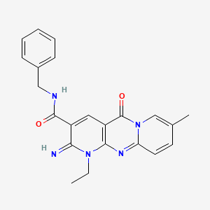 molecular formula C22H21N5O2 B11614229 N-benzyl-7-ethyl-6-imino-13-methyl-2-oxo-1,7,9-triazatricyclo[8.4.0.03,8]tetradeca-3(8),4,9,11,13-pentaene-5-carboxamide 