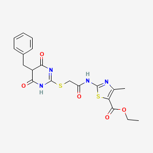 molecular formula C20H20N4O5S2 B11614309 Ethyl 2-({[(5-benzyl-4,6-dioxo-1,4,5,6-tetrahydropyrimidin-2-yl)sulfanyl]acetyl}amino)-4-methyl-1,3-thiazole-5-carboxylate 