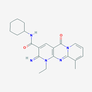 molecular formula C21H25N5O2 B11614339 N-cyclohexyl-7-ethyl-6-imino-11-methyl-2-oxo-1,7,9-triazatricyclo[8.4.0.03,8]tetradeca-3(8),4,9,11,13-pentaene-5-carboxamide 
