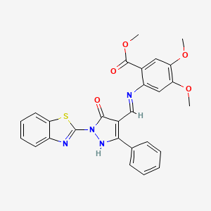 molecular formula C27H22N4O5S B11614664 methyl 2-({(E)-[1-(1,3-benzothiazol-2-yl)-5-oxo-3-phenyl-1,5-dihydro-4H-pyrazol-4-ylidene]methyl}amino)-4,5-dimethoxybenzoate 