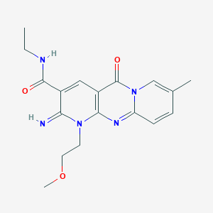molecular formula C18H21N5O3 B11614708 N-ethyl-6-imino-7-(2-methoxyethyl)-13-methyl-2-oxo-1,7,9-triazatricyclo[8.4.0.0^{3,8}]tetradeca-3(8),4,9,11,13-pentaene-5-carboxamide 