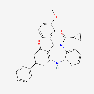 molecular formula C31H30N2O3 B11614745 cyclopropyl[1-hydroxy-11-(3-methoxyphenyl)-3-(4-methylphenyl)-2,3,4,11-tetrahydro-10H-dibenzo[b,e][1,4]diazepin-10-yl]methanone 