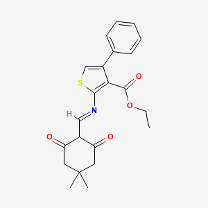 molecular formula C22H23NO4S B11614892 ethyl 2-{[(E)-(4,4-dimethyl-2,6-dioxocyclohexyl)methylidene]amino}-4-phenylthiophene-3-carboxylate 