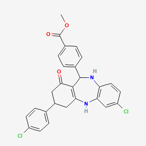 molecular formula C27H22Cl2N2O3 B11615385 methyl 4-[7-chloro-3-(4-chlorophenyl)-1-oxo-2,3,4,5,10,11-hexahydro-1H-dibenzo[b,e][1,4]diazepin-11-yl]benzoate 
