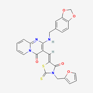 molecular formula C25H18N4O5S2 B11615558 2-[(1,3-benzodioxol-5-ylmethyl)amino]-3-{(Z)-[3-(furan-2-ylmethyl)-4-oxo-2-thioxo-1,3-thiazolidin-5-ylidene]methyl}-4H-pyrido[1,2-a]pyrimidin-4-one 