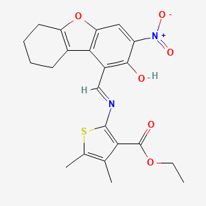 molecular formula C22H22N2O6S B11615702 Ethyl 2-{[(E)-1-(2-hydroxy-3-nitro-6,7,8,9-tetrahydrodibenzo[B,D]furan-1-YL)methylidene]amino}-4,5-dimethyl-3-thiophenecarboxylate 