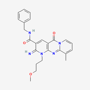 molecular formula C24H25N5O3 B11615888 N-benzyl-6-imino-7-(3-methoxypropyl)-11-methyl-2-oxo-1,7,9-triazatricyclo[8.4.0.03,8]tetradeca-3(8),4,9,11,13-pentaene-5-carboxamide 