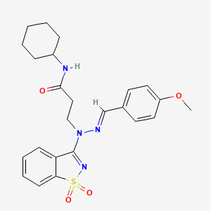 molecular formula C24H28N4O4S B11616071 N-cyclohexyl-3-[(2E)-1-(1,1-dioxido-1,2-benzisothiazol-3-yl)-2-(4-methoxybenzylidene)hydrazino]propanamide 