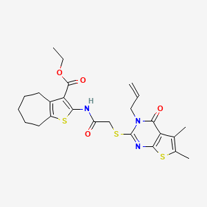 molecular formula C25H29N3O4S3 B11616243 Ethyl 2-({[(3-allyl-5,6-dimethyl-4-oxo-3,4-dihydrothieno[2,3-D]pyrimidin-2-YL)sulfanyl]acetyl}amino)-5,6,7,8-tetrahydro-4H-cyclohepta[B]thiophene-3-carboxylate 