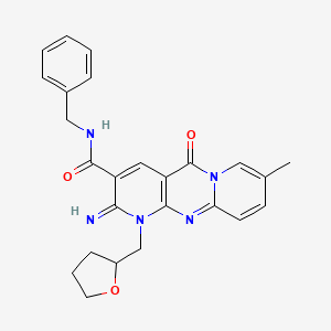 molecular formula C25H25N5O3 B11616282 N-benzyl-6-imino-13-methyl-2-oxo-7-(oxolan-2-ylmethyl)-1,7,9-triazatricyclo[8.4.0.03,8]tetradeca-3(8),4,9,11,13-pentaene-5-carboxamide 