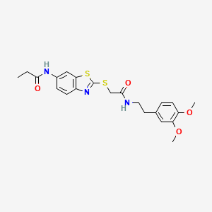 molecular formula C22H25N3O4S2 B11616470 N-{2-[(2-{[2-(3,4-dimethoxyphenyl)ethyl]amino}-2-oxoethyl)sulfanyl]-1,3-benzothiazol-6-yl}propanamide 