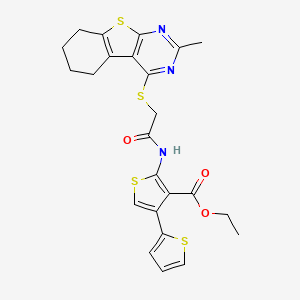 molecular formula C24H23N3O3S4 B11616764 Ethyl 5'-({[(2-methyl-5,6,7,8-tetrahydro[1]benzothieno[2,3-d]pyrimidin-4-yl)thio]acetyl}amino)-2,3'-bithiophene-4'-carboxylate 