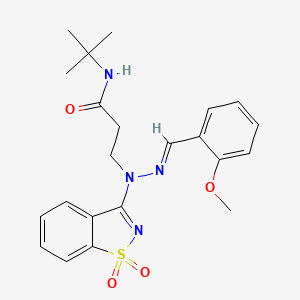 molecular formula C22H26N4O4S B11617396 N-tert-butyl-3-[(2E)-1-(1,1-dioxido-1,2-benzothiazol-3-yl)-2-(2-methoxybenzylidene)hydrazinyl]propanamide 