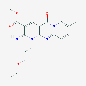molecular formula C19H22N4O4 B11617450 Methyl 7-(3-ethoxypropyl)-6-imino-13-methyl-2-oxo-1,7,9-triazatricyclo[8.4.0.0^{3,8}]tetradeca-3(8),4,9,11,13-pentaene-5-carboxylate 