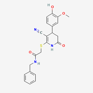 molecular formula C22H21N3O4S B11617514 N-benzyl-2-{[3-cyano-4-(4-hydroxy-3-methoxyphenyl)-6-oxo-1,4,5,6-tetrahydropyridin-2-yl]sulfanyl}acetamide 