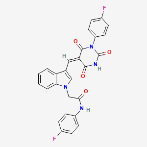 molecular formula C27H18F2N4O4 B11617683 N-(4-fluorophenyl)-2-(3-{(E)-[1-(4-fluorophenyl)-2,4,6-trioxotetrahydropyrimidin-5(2H)-ylidene]methyl}-1H-indol-1-yl)acetamide 