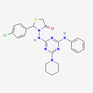 molecular formula C23H24ClN7OS B11618140 2-(4-Chlorophenyl)-3-{[4-(phenylamino)-6-(piperidin-1-yl)-1,3,5-triazin-2-yl]amino}-1,3-thiazolidin-4-one 
