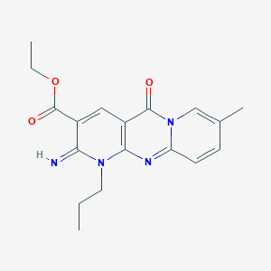 molecular formula C18H20N4O3 B11618313 Ethyl 6-imino-13-methyl-2-oxo-7-propyl-1,7,9-triazatricyclo[8.4.0.0^{3,8}]tetradeca-3(8),4,9,11,13-pentaene-5-carboxylate 