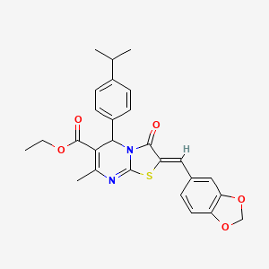 molecular formula C27H26N2O5S B11618489 ethyl (2Z)-2-(1,3-benzodioxol-5-ylmethylidene)-7-methyl-3-oxo-5-[4-(propan-2-yl)phenyl]-2,3-dihydro-5H-[1,3]thiazolo[3,2-a]pyrimidine-6-carboxylate 