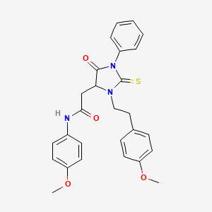 molecular formula C27H27N3O4S B11618743 N-(4-Methoxyphenyl)-2-{3-[2-(4-methoxyphenyl)ethyl]-5-oxo-1-phenyl-2-sulfanylideneimidazolidin-4-YL}acetamide 