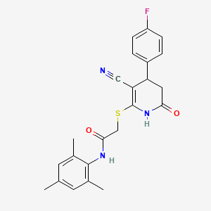 molecular formula C23H22FN3O2S B11619787 2-{[3-cyano-4-(4-fluorophenyl)-6-oxo-1,4,5,6-tetrahydropyridin-2-yl]sulfanyl}-N-(2,4,6-trimethylphenyl)acetamide 