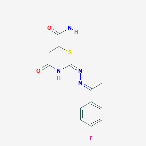 molecular formula C14H15FN4O2S B11620200 (2E)-2-{(2E)-[1-(4-fluorophenyl)ethylidene]hydrazinylidene}-N-methyl-4-oxo-1,3-thiazinane-6-carboxamide 