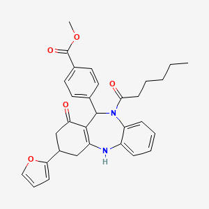 molecular formula C31H32N2O5 B11620635 methyl 4-[3-(furan-2-yl)-10-hexanoyl-1-hydroxy-3,4,10,11-tetrahydro-2H-dibenzo[b,e][1,4]diazepin-11-yl]benzoate 