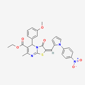 molecular formula C28H24N4O6S B11620779 Ethyl (2E)-5-(3-methoxyphenyl)-7-methyl-2-{[1-(4-nitrophenyl)-1H-pyrrol-2-YL]methylidene}-3-oxo-2H,3H,5H-[1,3]thiazolo[3,2-A]pyrimidine-6-carboxylate 