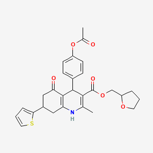 molecular formula C28H29NO6S B11620996 Tetrahydrofuran-2-ylmethyl 4-[4-(acetyloxy)phenyl]-2-methyl-5-oxo-7-(thiophen-2-yl)-1,4,5,6,7,8-hexahydroquinoline-3-carboxylate 