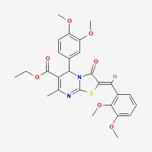 molecular formula C27H28N2O7S B11621312 ethyl (2Z)-2-(2,3-dimethoxybenzylidene)-5-(3,4-dimethoxyphenyl)-7-methyl-3-oxo-2,3-dihydro-5H-[1,3]thiazolo[3,2-a]pyrimidine-6-carboxylate 