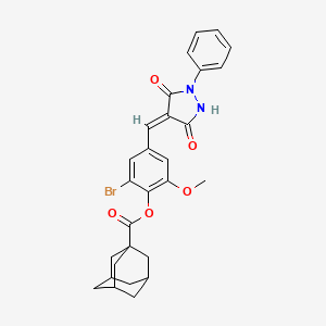 molecular formula C28H27BrN2O5 B11621335 2-Bromo-4-{[(4E)-3,5-dioxo-1-phenylpyrazolidin-4-ylidene]methyl}-6-methoxyphenyl adamantane-1-carboxylate 