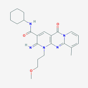molecular formula C23H29N5O3 B11621346 N-cyclohexyl-6-imino-7-(3-methoxypropyl)-11-methyl-2-oxo-1,7,9-triazatricyclo[8.4.0.0^{3,8}]tetradeca-3(8),4,9,11,13-pentaene-5-carboxamide 