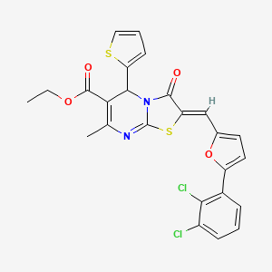 molecular formula C25H18Cl2N2O4S2 B11621379 Ethyl (2Z)-2-{[5-(2,3-dichlorophenyl)furan-2-YL]methylidene}-7-methyl-3-oxo-5-(thiophen-2-YL)-2H,3H,5H-[1,3]thiazolo[3,2-A]pyrimidine-6-carboxylate 