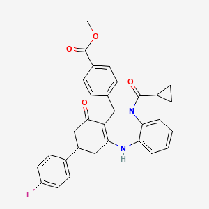 molecular formula C31H27FN2O4 B11621811 methyl 4-[10-(cyclopropylcarbonyl)-3-(4-fluorophenyl)-1-hydroxy-3,4,10,11-tetrahydro-2H-dibenzo[b,e][1,4]diazepin-11-yl]benzoate 