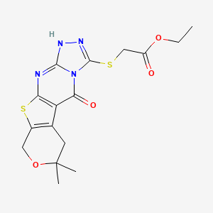 molecular formula C16H18N4O4S2 B11621840 ethyl 2-[(4,4-dimethyl-16-oxo-5-oxa-8-thia-10,12,13,15-tetrazatetracyclo[7.7.0.02,7.011,15]hexadeca-1(9),2(7),10,13-tetraen-14-yl)sulfanyl]acetate 