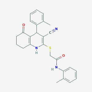 molecular formula C26H25N3O2S B11621845 2-{[3-cyano-4-(2-methylphenyl)-5-oxo-1,4,5,6,7,8-hexahydroquinolin-2-yl]sulfanyl}-N-(2-methylphenyl)acetamide 