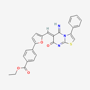 molecular formula C26H19N3O4S B11624236 ethyl 4-{5-[(Z)-(5-imino-7-oxo-3-phenyl-5H-[1,3]thiazolo[3,2-a]pyrimidin-6(7H)-ylidene)methyl]furan-2-yl}benzoate 