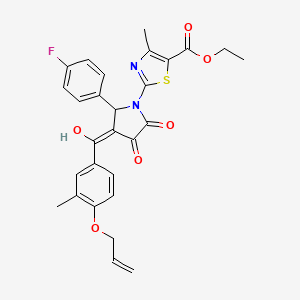 molecular formula C28H25FN2O6S B11624303 ethyl 2-[2-(4-fluorophenyl)-4-hydroxy-3-{[3-methyl-4-(prop-2-en-1-yloxy)phenyl]carbonyl}-5-oxo-2,5-dihydro-1H-pyrrol-1-yl]-4-methyl-1,3-thiazole-5-carboxylate 