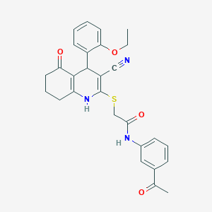 molecular formula C28H27N3O4S B11625088 N-(3-acetylphenyl)-2-{[3-cyano-4-(2-ethoxyphenyl)-5-oxo-1,4,5,6,7,8-hexahydroquinolin-2-yl]sulfanyl}acetamide 