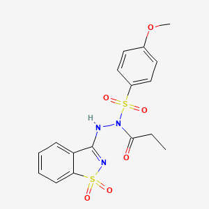 molecular formula C17H17N3O6S2 B11625556 N'-(1,1-dioxido-1,2-benzothiazol-3-yl)-N-[(4-methoxyphenyl)sulfonyl]propanehydrazide 