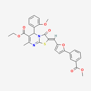 molecular formula C30H26N2O7S B11625761 Ethyl (2Z)-2-({5-[3-(methoxycarbonyl)phenyl]furan-2-YL}methylidene)-5-(2-methoxyphenyl)-7-methyl-3-oxo-2H,3H,5H-[1,3]thiazolo[3,2-A]pyrimidine-6-carboxylate 