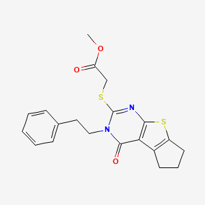 molecular formula C20H20N2O3S2 B11626020 Methyl 2-[(4-oxo-3-phenethyl-3,5,6,7-tetrahydro-4H-cyclopenta[4,5]thieno[2,3-D]pyrimidin-2-YL)sulfanyl]acetate 