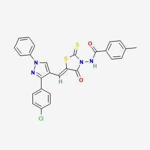 molecular formula C27H19ClN4O2S2 B11626912 N-((5Z)-5-{[3-(4-chlorophenyl)-1-phenyl-1H-pyrazol-4-yl]methylene}-4-oxo-2-thioxo-1,3-thiazolidin-3-yl)-4-methylbenzamide 